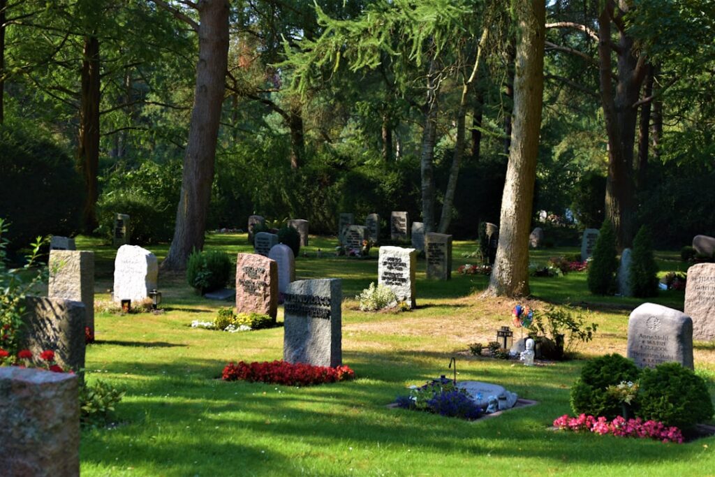 Person gently cleaning a cemetery granite headstone with a soft brush and water on a sunny day